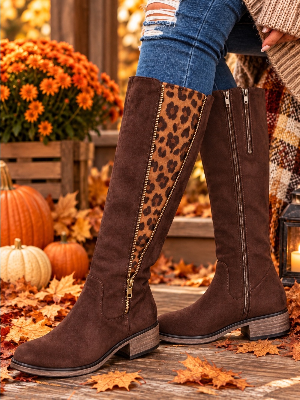 Pierre Dumas Womens Barcelona-18 Leopard Print Low Heel Zip Knee High Boot